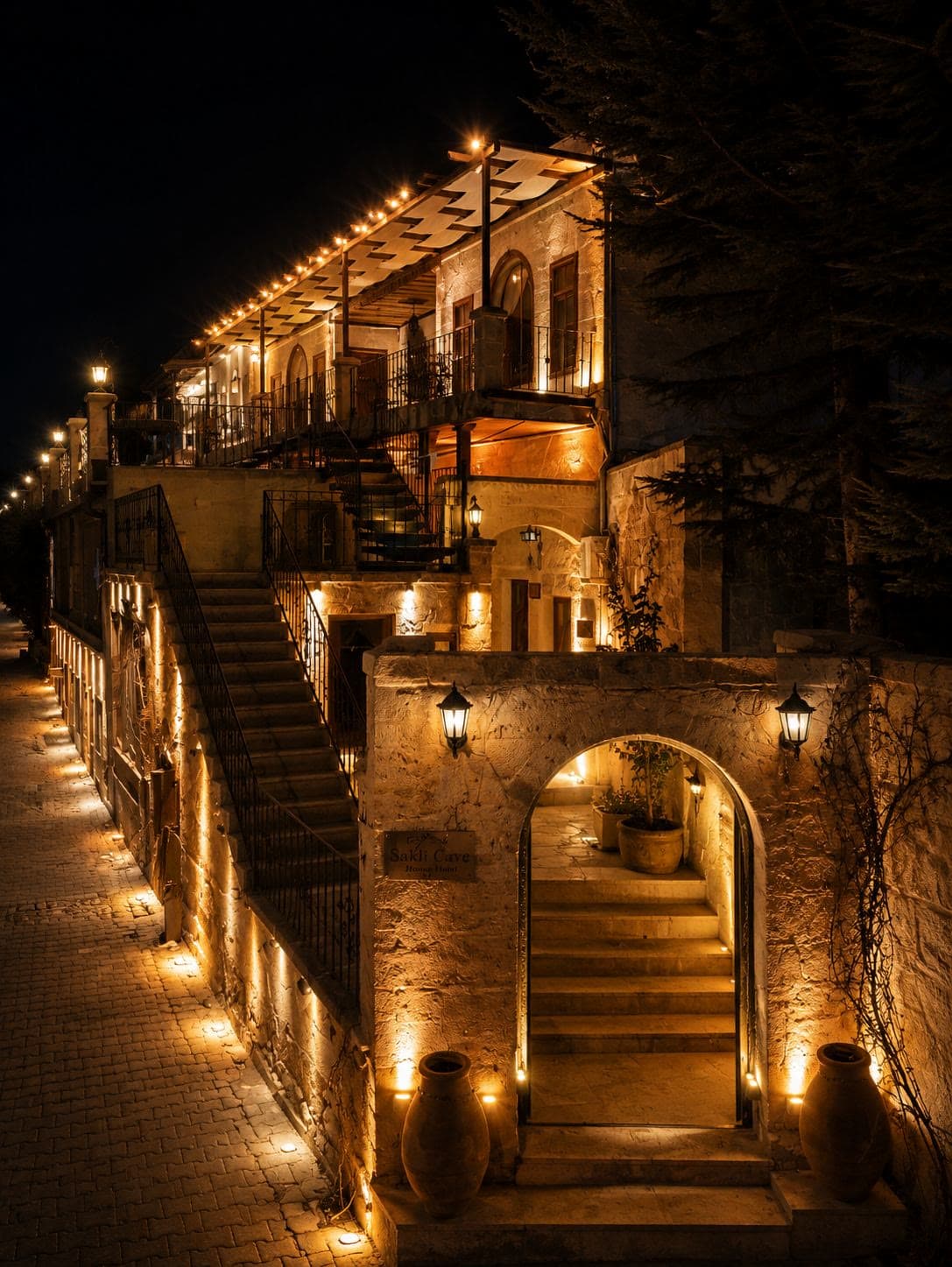Gece ışıklandırılmış taş merdivenler ve kemerli giriş